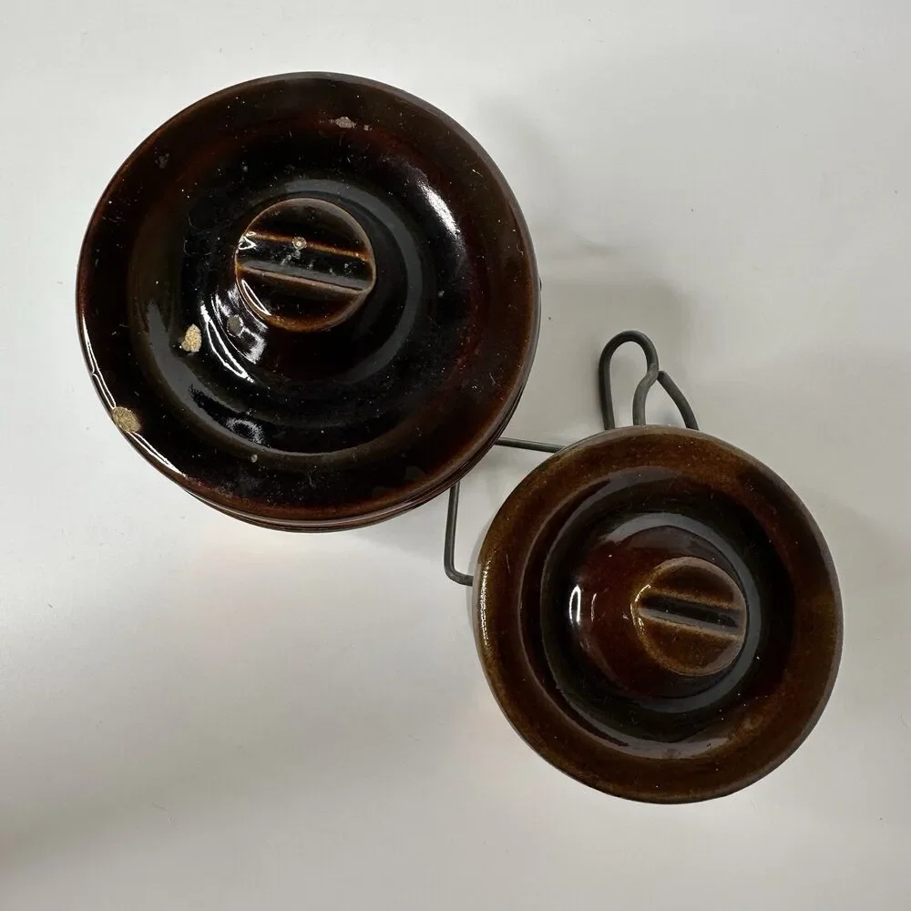 2 Vtg Woodys Chunk O Gold Cheese Crocks Stoneware Brown 12oz 6oz Wire Clamp Lids